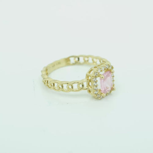 14KT Gold Ring Women's Rectangle Pink Center Stone with White CZ Stone Border Chino Band