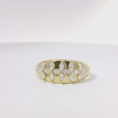 14KT Gold Ring Women's Light Weight Five White CZ Stone Marquise Four Petal Flower Center Band