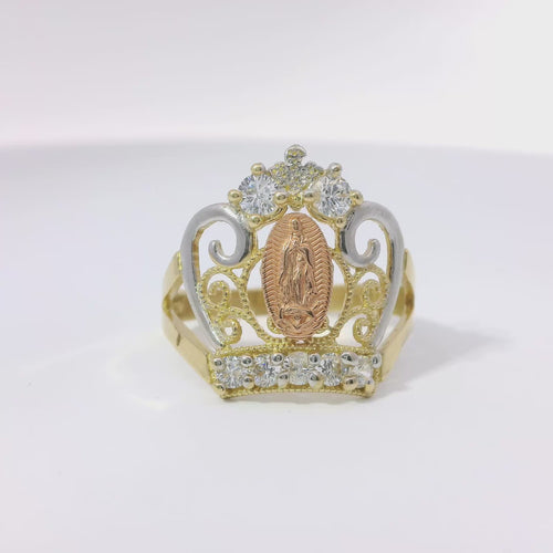 14KT Gold Ring Women's Tri Tone Virgin Mary Tiara with Two White CZ Top Stones and Five White CZ Stones Tiara Band with Plain Split Band