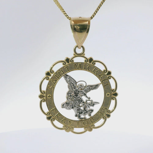 14KT Gold Charm Large Two Tone Open Center St Michael "PRAY FOR US" Coin with Open Scallop Edge and Plain Bell