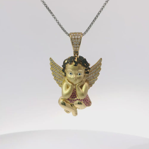 14KT Gold Charm Large 3D Baby Angel Flat Back with Dark Pink Robe, Black CZ Stones Hair, and White CZ Stones Wings and Bell