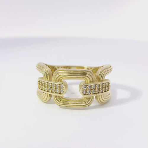 14KT Gold Ring Women's Three Ribbed Square Link Band with 2 Double Row White CZ Stones Bar Connecting Links