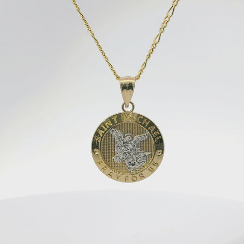 14KT Gold Charm Medium Two Tone St Michael Coin with "PRAY FOR US" Border and Plain Bell