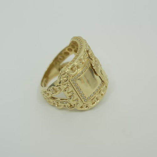 14KT Gold Ring Men's Rectangle St. Jude Chino Borders with White CZ Stones Outside Border