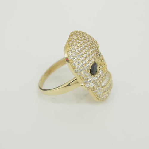 14KT Gold Ring Men's Skull with White CZ Stone Face Black Eyes and Baguette Teeth Plain Band