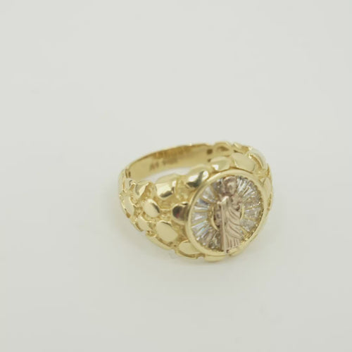 14KT Gold Ring Men's Round Raised St. Jude Center with White CZ Baguette Stones Background Plain Border Side Design Nugget