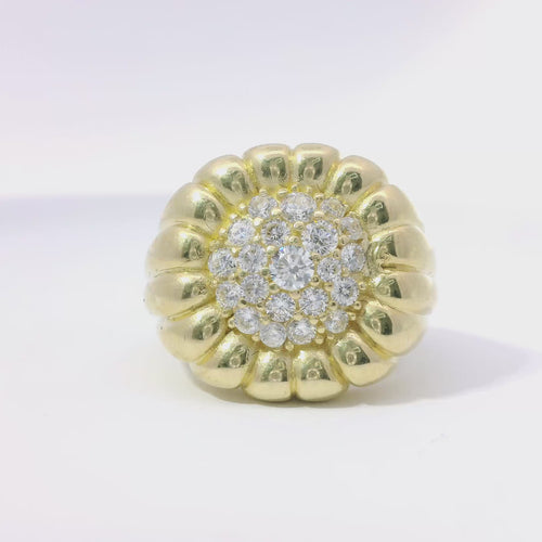14KT Gold Ring Women's Sunflower Plain Ribbed Petals and White CZ Stone Cluster Center