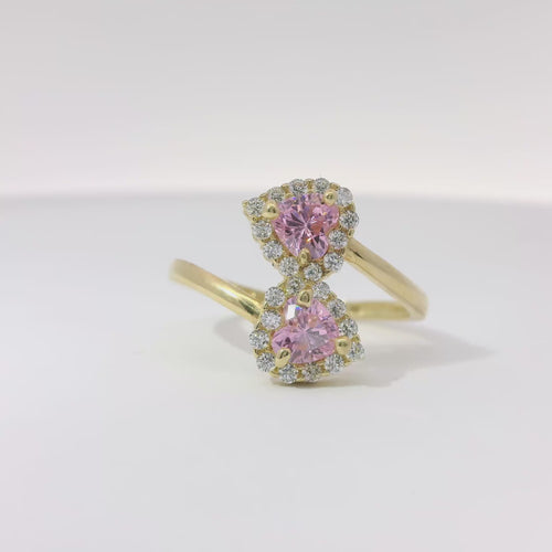 14KT Gold Ring Women's Pink CZ Stone Hearts with White CZ Stone Borders Bypass Band