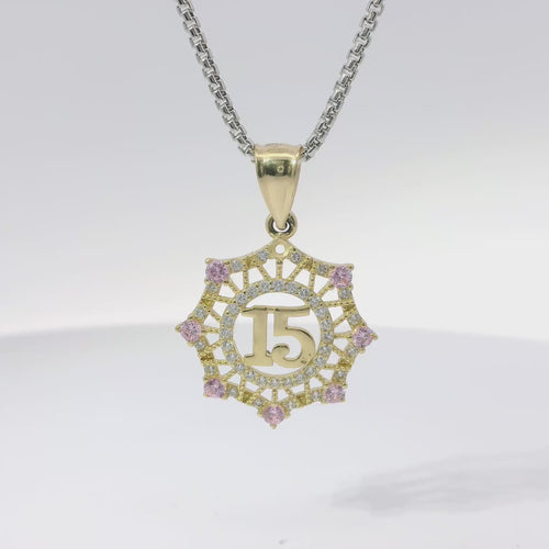 14KT Gold Charm Medium Quinceanera "15" Open Webbed Wreath with Light Pink and White Round CZ Stones Border with Plain Bell