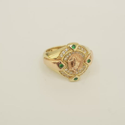14KT Gold Ring Men's Round Two Tone Half Horse Portrait with Horseshoe Center with White CZ Border and CZ Green Stone on North, South, West, and East Border of the Ring