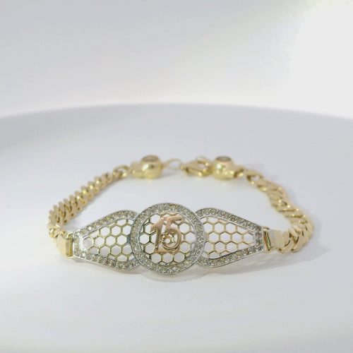 14KT Gold Bracelet Women's Tri Tone "15" Honeycomb Quinceanera Plaque with White CZ Stones Border and White CZ Stones Border and White CZ Stone End Cuban Link Lobster Clasp