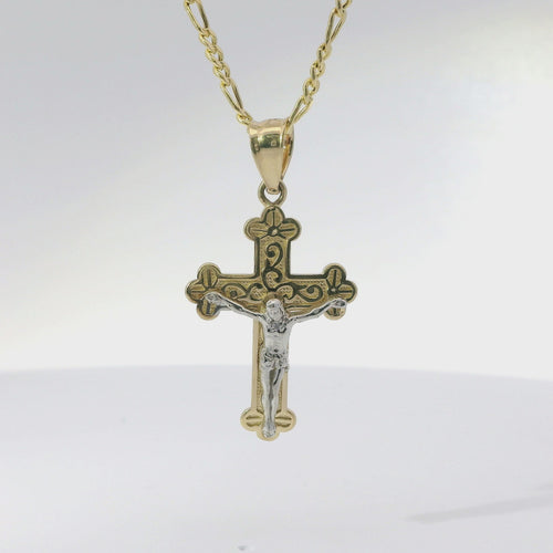 14KT Gold Charm Extra Small Two Tone Swirl Center Club Ends Crucifix Cross with Plain Bell