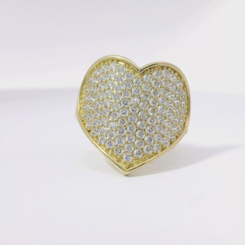 14KT Gold Ring Women's Curved Flat White CZ Stone Heart Plain Border and Band