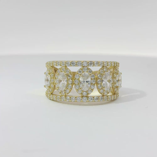 14KT Gold Ring Women's Five White Center Ovals with White Round CZ Stones Border Spit Band