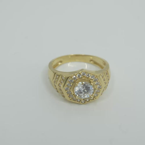14KT Gold Ring Men's Octagon White Round CZ Center Stone White CZ Stone Border Side Design Two Single Rows of Six White CZ Stones