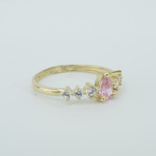 14KT Gold Ring Women's Pear Pink Center Stone with Three Round White CZ on Each Side Plain Band