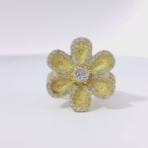14KT Gold Ring Women's Hollow Six Petal Daisy Petals with White CZ Stone Center and Border