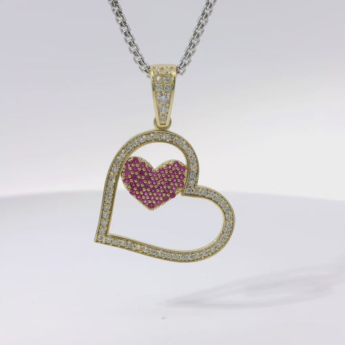 14KT Gold Charm Medium Tilted Open White CZ Stones Heart with Dark Pink Center Heart and White CZ Stones Bell