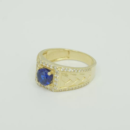14KT Gold Ring Men's Square Blue CZ Round Center Stone White CZ Stone Border Band Design Braid with Single Row White CZ Stones Border