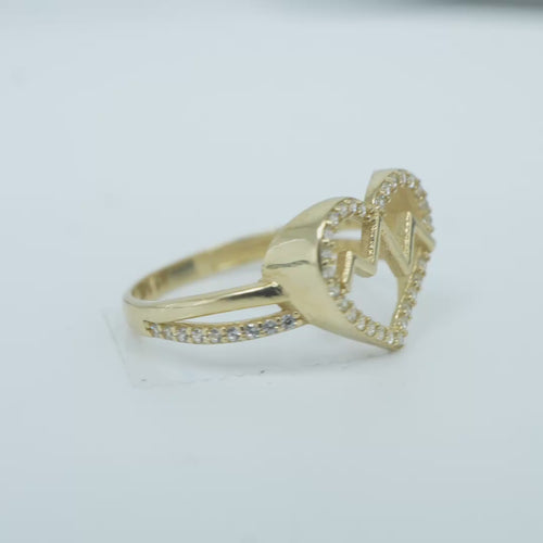 14KT Gold Ring Women's Heart Shape White CZ Stone Outline with Open Center and Pulse Zig Zag in Center Split Band Half Plain Half White CZ Stone