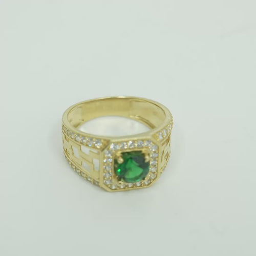 14KT Gold Ring Men's Octagon Green CZ Round Center Stone White CZ Stone Border and Three Stacked Cutout Boxes with Single Row White CZ Stones Band