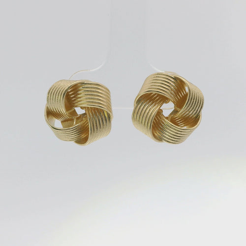 14KT Gold Earrings Medium Four Cord Strand Plain Open Flattened Square Knot with Plain Borders, Push Back Post, and Butterfly Backs