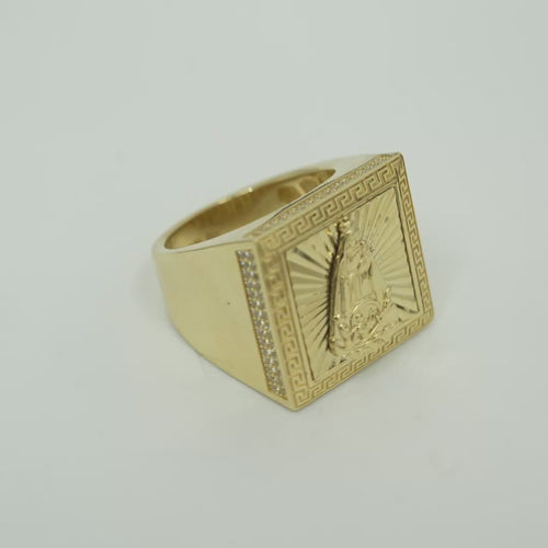 14KT Gold Ring Men's Square St. Barbara Greek Border with Double Row White CZ Edge Stones