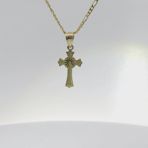14KT Gold Charm Extra Small Daisy Center Cross with Flared Ends and Plain Band