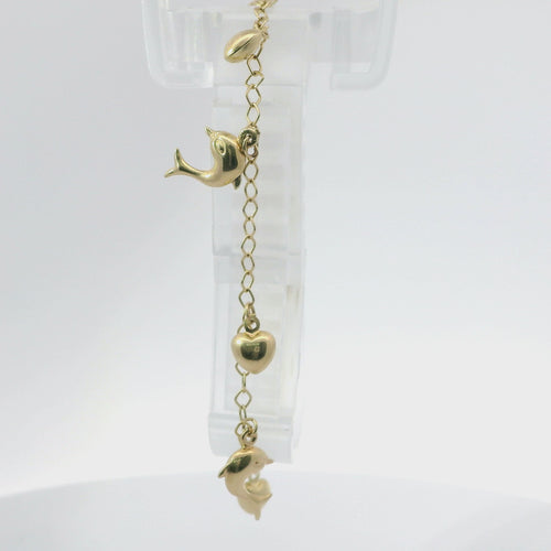 14KT Gold Bracelet Women's Charm Alternating Plain Puff Hearts and Plain Puff Dolphins with White CZ Stone End Cable Link Lobster Clasp Band