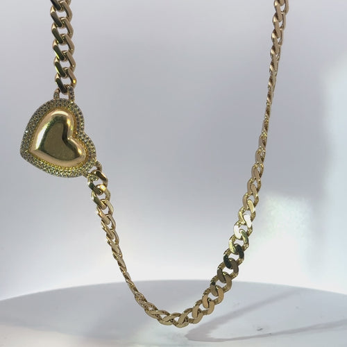 14KT Gold Chain Hollow Miami Cuban with Plain Heart Center with White CZ Stones Border and White CZ Stones Curved Designer Style Double Box Clasp 8.5mm