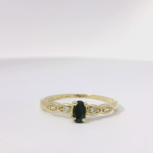 14KT Gold Ring Women's Mini Oval Black Center CZ Stone with Two Round White CZ Stones on Each Side of Plain Band