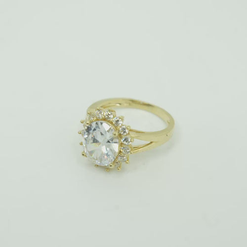 14KT Gold Ring Women's Jumbo Oval White Center with Round White CZ Stones Border Plain Split Band