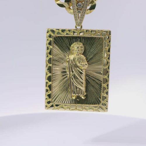 14KT Gold Charm Large Rectangle St Jude with Sunray Background, Nugget Border, White CZ Stones Edge and Bell