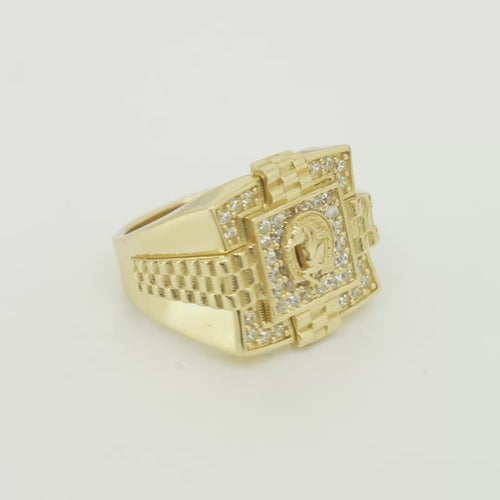 14KT Gold Ring Men's Square Raised Horseshoe/Horse Portrait with White CZ Stones Background Plain Border Watch Band Design Around White CZ Stone Border Side Design Watch Band Print