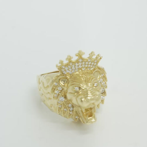 14KT Gold Ring Men's Crowned Lion Head with White CZ Stones Crown and Fur Top