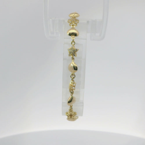 14KT Gold Bracelet Women's Alternating White CZ Stones Stars and Plain Puff Hearts and White CZ Stone End Cuban Link Lobster Clasp Band