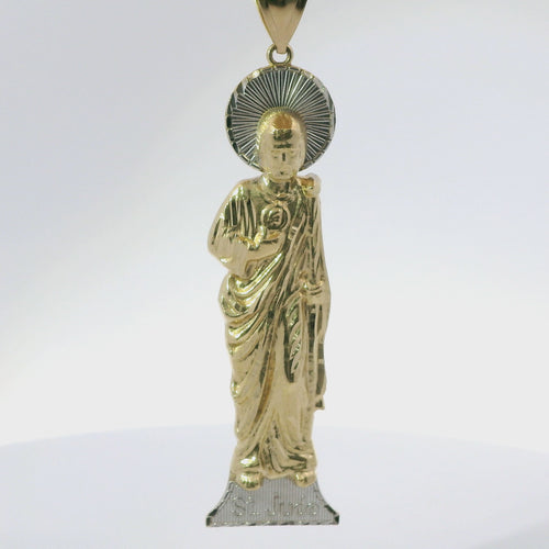 14KT Gold Charm Large Two Tone "St. Jude" Name Plate St Jude Figure with Plain Bell
