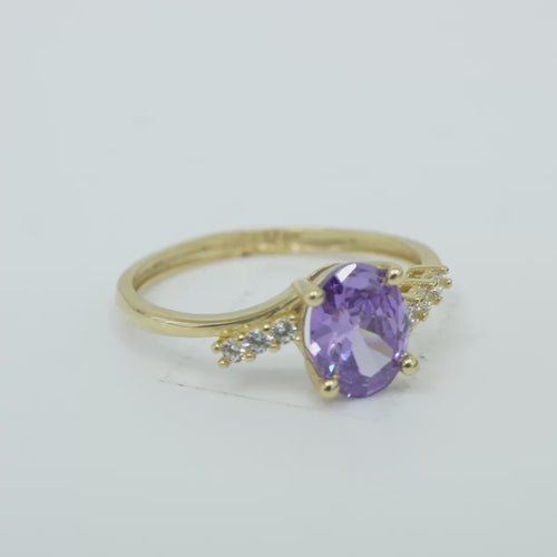 14KT Gold Ring Women's Purple Oval Center CZ Stone with 3 High/Low Round White CZ Stones Shoulders and Plain Band
