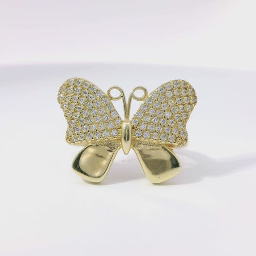 14KT Gold Ring Women's Butterfly White CZ Stone Top Wings and Plain Lower Wings with Plain Band