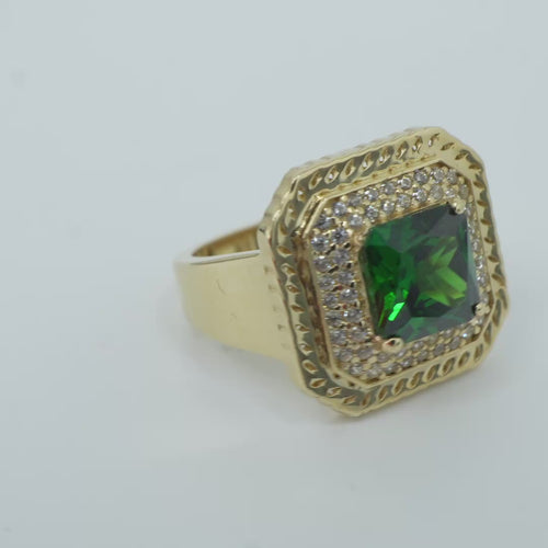 14KT Gold Ring Women's Dark Green Square Center CZ Stone Double Platform Border of Round White CZ Stones Mock Link Border Plain Band