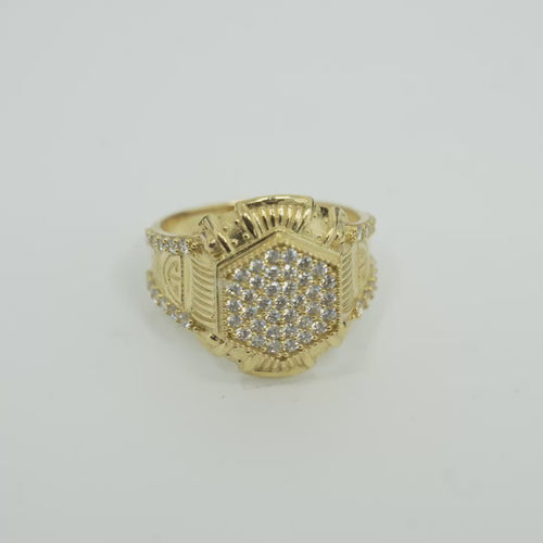 14KT Gold Ring Men's Hexagon White Round CZ Center Stone Design Beaded Print Raised Border Side Design Two Single Rows of Six White CZ Stones and Industrial Top/Lower Frame