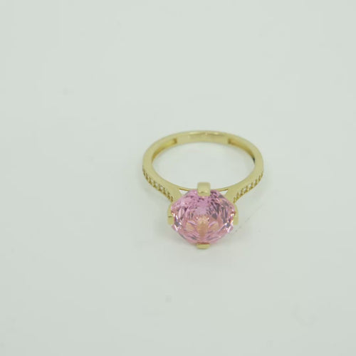 14KT Gold Ring Women's Jumbo 4 Prong Octagon Rose Pink CZ Center Stone with Round White Pave CZ Stone Band