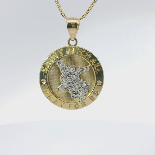 14KT Gold Charm Large Two Tone St Michael Coin with "PRAY FOR US" Border and Plain Bell