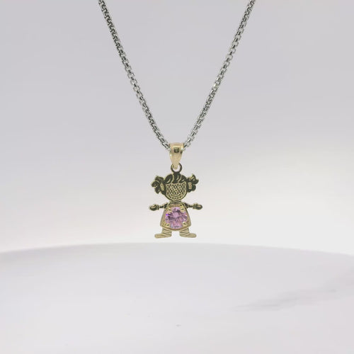 14KT Gold Charm Girl with Pink CZ Stone Belly and Plain Bell