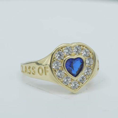 14KT Gold Ring Women's "Class of 2025" Navy Blue Center Heart CZ Stone White CZ Stones Border Plain Band