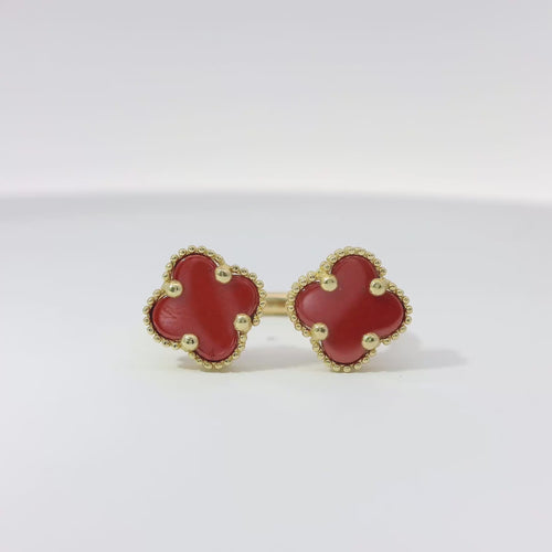 14KT Gold Ring Women's Mini Double Red Clover with Split Band