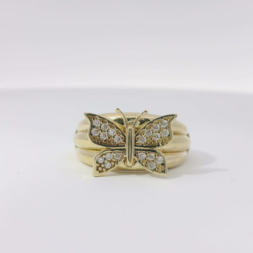 14KT Gold Ring Women's Butterfly Shape White CZ Stones Wings and Three Ribbed Plain Band