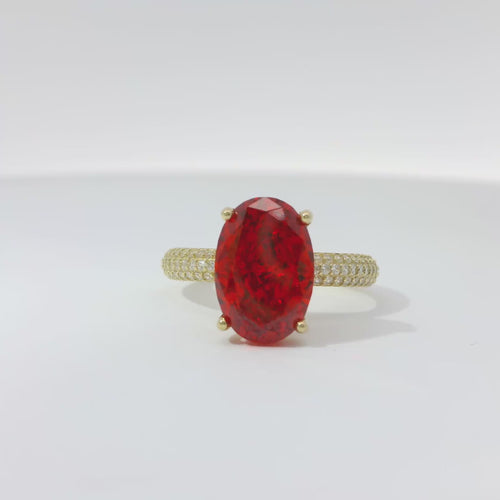 14KT Gold Ring Women's Burnt Orange Oval Center CZ Stone with Triple Row of White Round CZ Stones Band