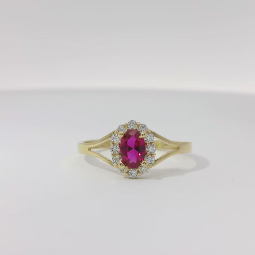 14KT Gold Ring Women's Mini Oval Red Center CZ Stone with Round White CZ Stones Border and Plain Split Band