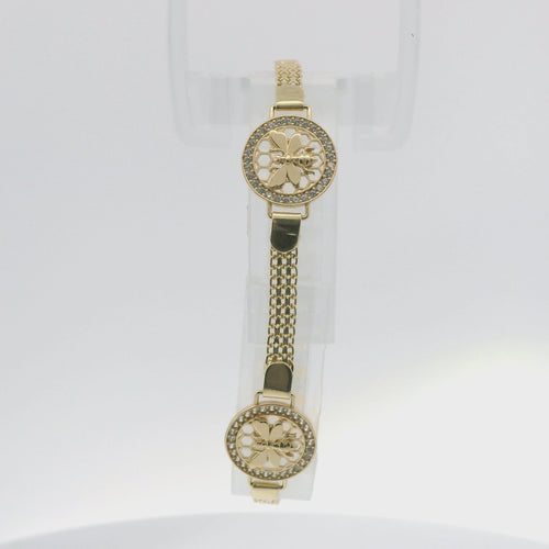 14KT Gold Bracelet Women's Three Charm Round Bumble Bee with Honeycomb Background and White CZ Stone End Bizmark Link Lobster Clasp